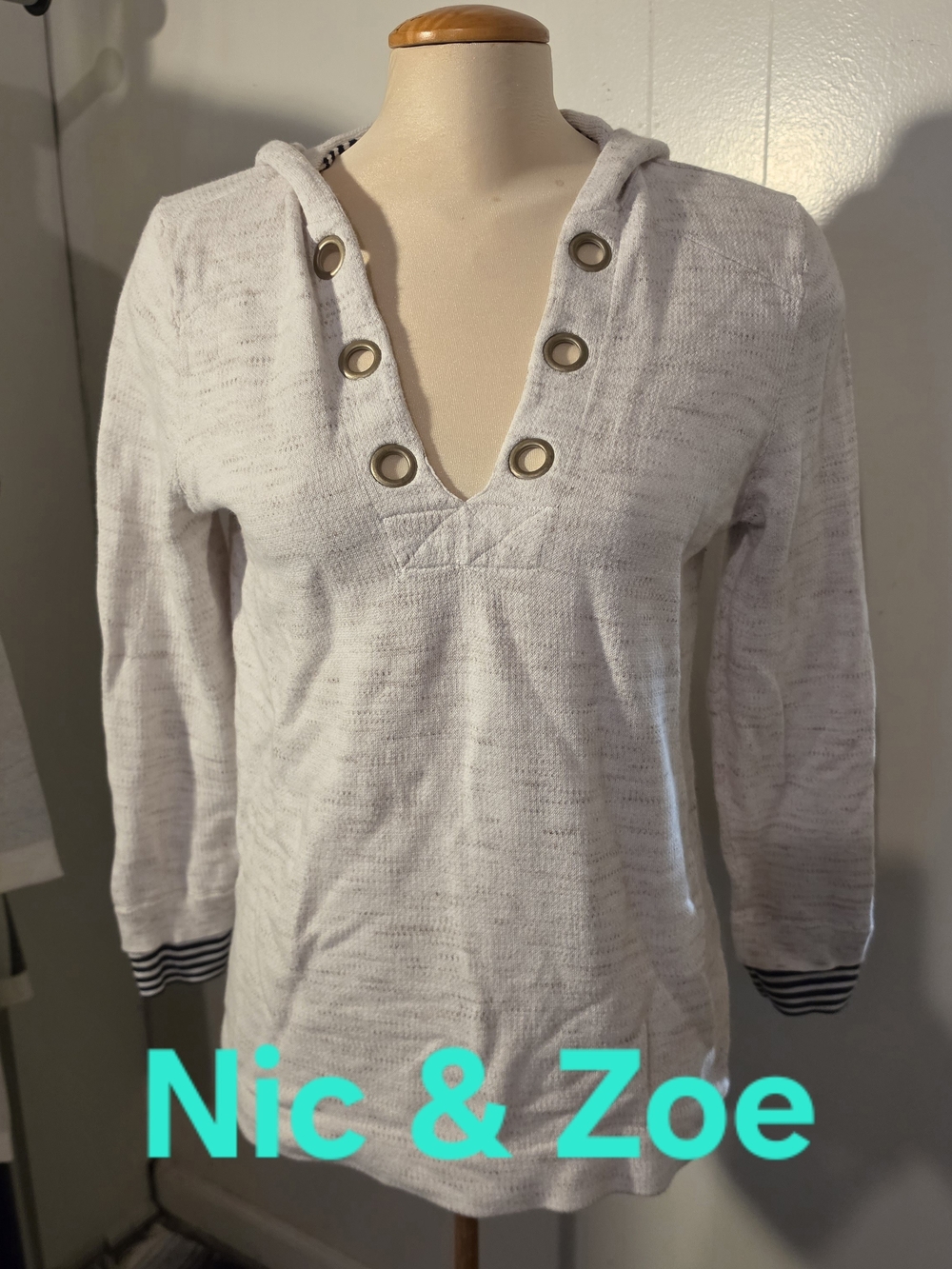 NIC+ZOE Cream Hooded Pullover with Black Stripe Detail